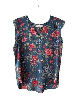 LOFT Blue Floral Sleeveless Blouse with Pink & Green Accents